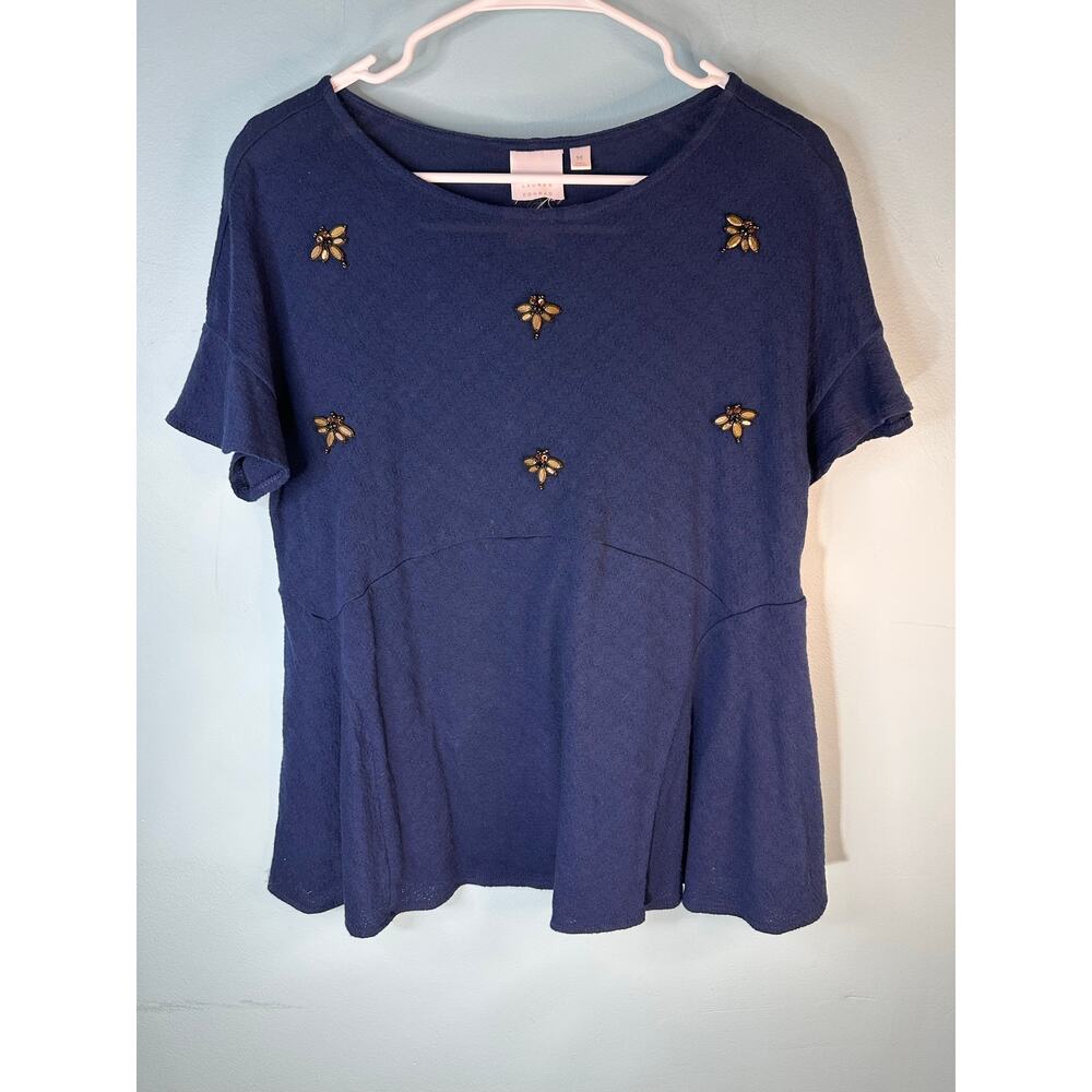 LC Lauren Conrad Bee Mine navy blue embellished short sleeve top size medium